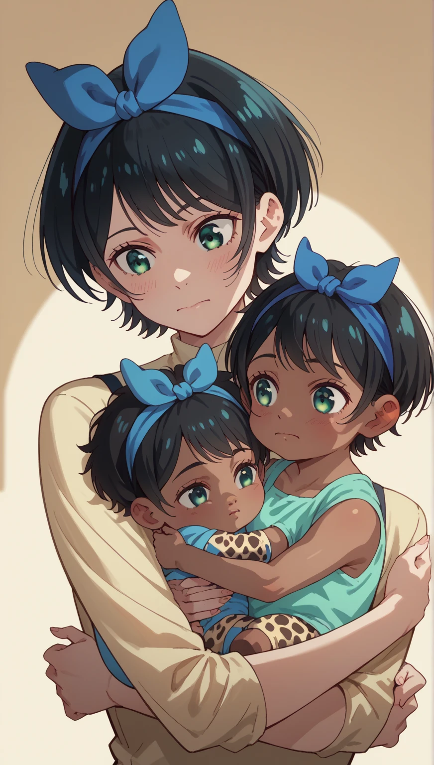 ruka sarashina, short hair, bangs, black hair, ribbon, green eyes, hair ribbon, hairband, blue hairband,
BREAK mother and baby, small girl,hugging up, (((african baby))),