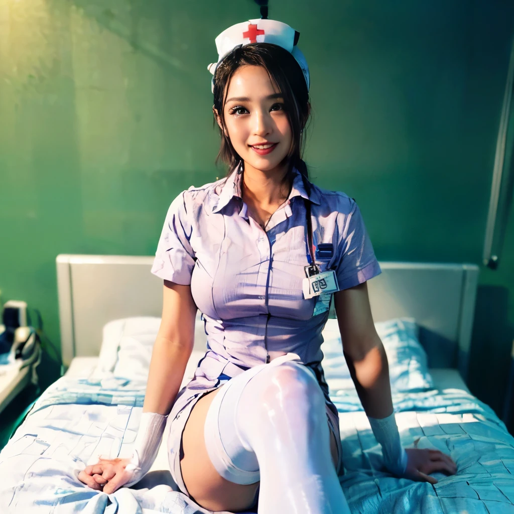 (( one nurse:1.6))、(( Sit down on the hospital bed:1.5))、((    knee-high socks  :1.5))、(8k、    RAW Photos、    best quality、masterpiece:1.2)、(Realistic、Realistic)、((Bright smile:1.5))、((   Thin legs))、((whole body:1.5))、    Front View、    stare at the camera、((cute  :1.7))、(( perfect anatomy:1.5))、break, (masterpiece,     best quality,     super detailed:1.4), Realistic,     super detailedな目, masterpiece,     best quality、   Hospital Room Details       、      It's a delicate illustration         、     8kCG wallpaper      、       absurd、      true face        、   とてもcute顔 、    黒 hair     、      I'm staring at the viewer with charming eyes     、((   A lot of people are enjoying it  ))