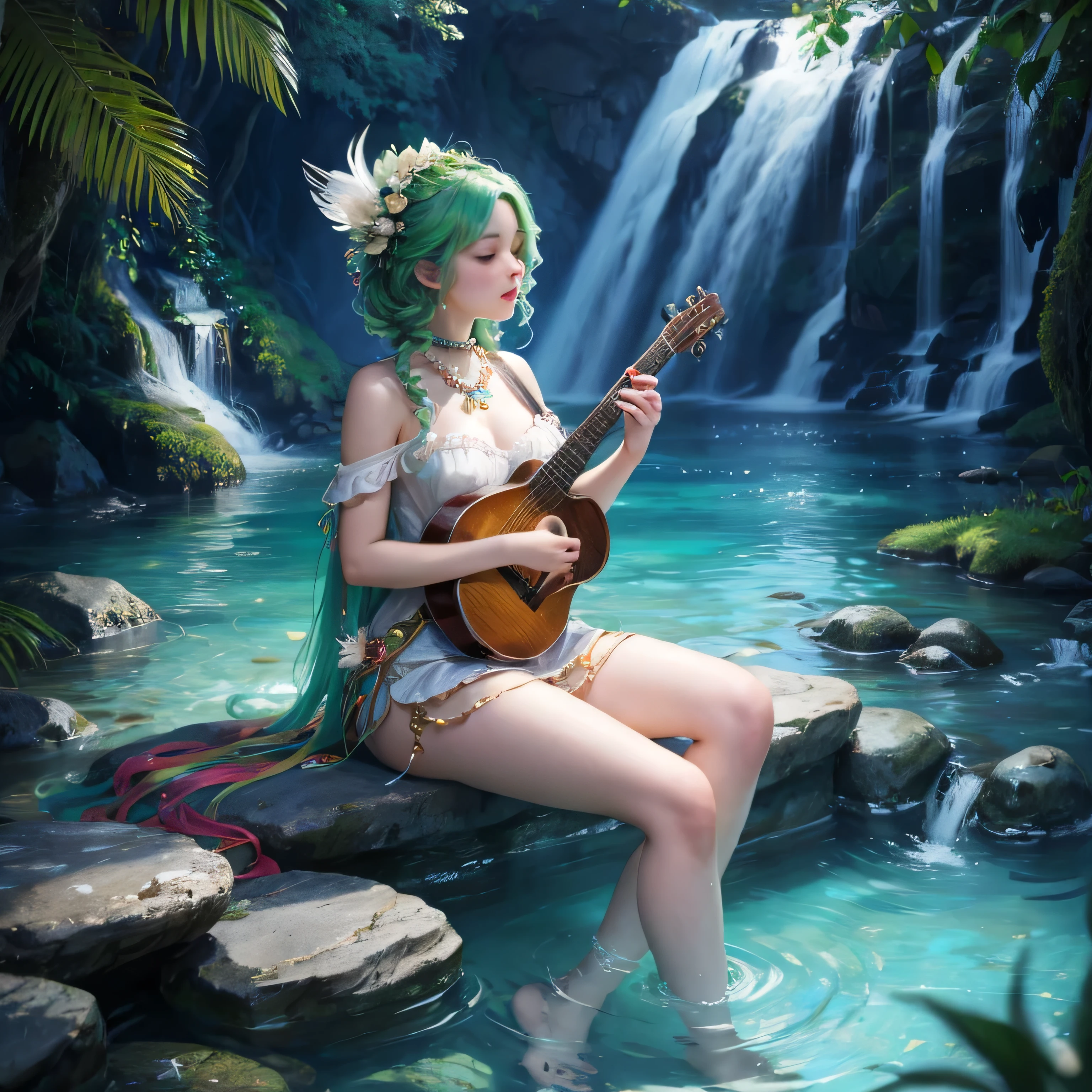 ((fullnude))、Lotus flowers in full bloom、Beautiful girl playing the violin by the pond with Monet&#39;With the lotus pond in the background, (fantasy violin), Nymphet、(Flat)、A slender、Blonde goddess, fantasy violin, light milky white porcelain skin, (Platinum blonde super long twin tail hair), russian fairy, perfect naked girl, (Lori), a blond, Belle Delphine, blonde - haired princess, small curvy loli , Long platinum blonde hair