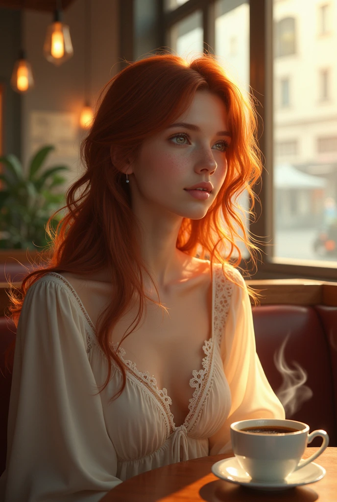 a 25 year old girl, em topless, with small breasts, inside the rustic house and leaning out the window. provence. Room is dark, natta. She is illuminated by the yellowish light of the street. Dog on the street She has curly red hair, below the shoulders. Filtro foggy, style of photographer David Hamilton