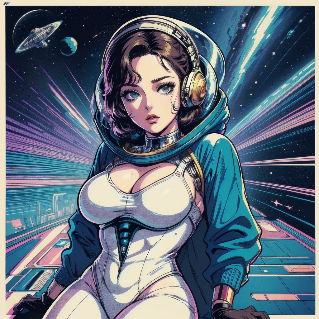 ((( Best Quality Masterpiece ))),(((Absolutely one woman))),(spacesuit that emphasizes cleavage ),((( 70s and 80s space thriller movie posters))),( American Comics ),((( retro vintage style ))),Overwhelmingly complex depiction,Absolute machine group background, futuristic cyberpunk ,Extremely accurate and delicate depiction,