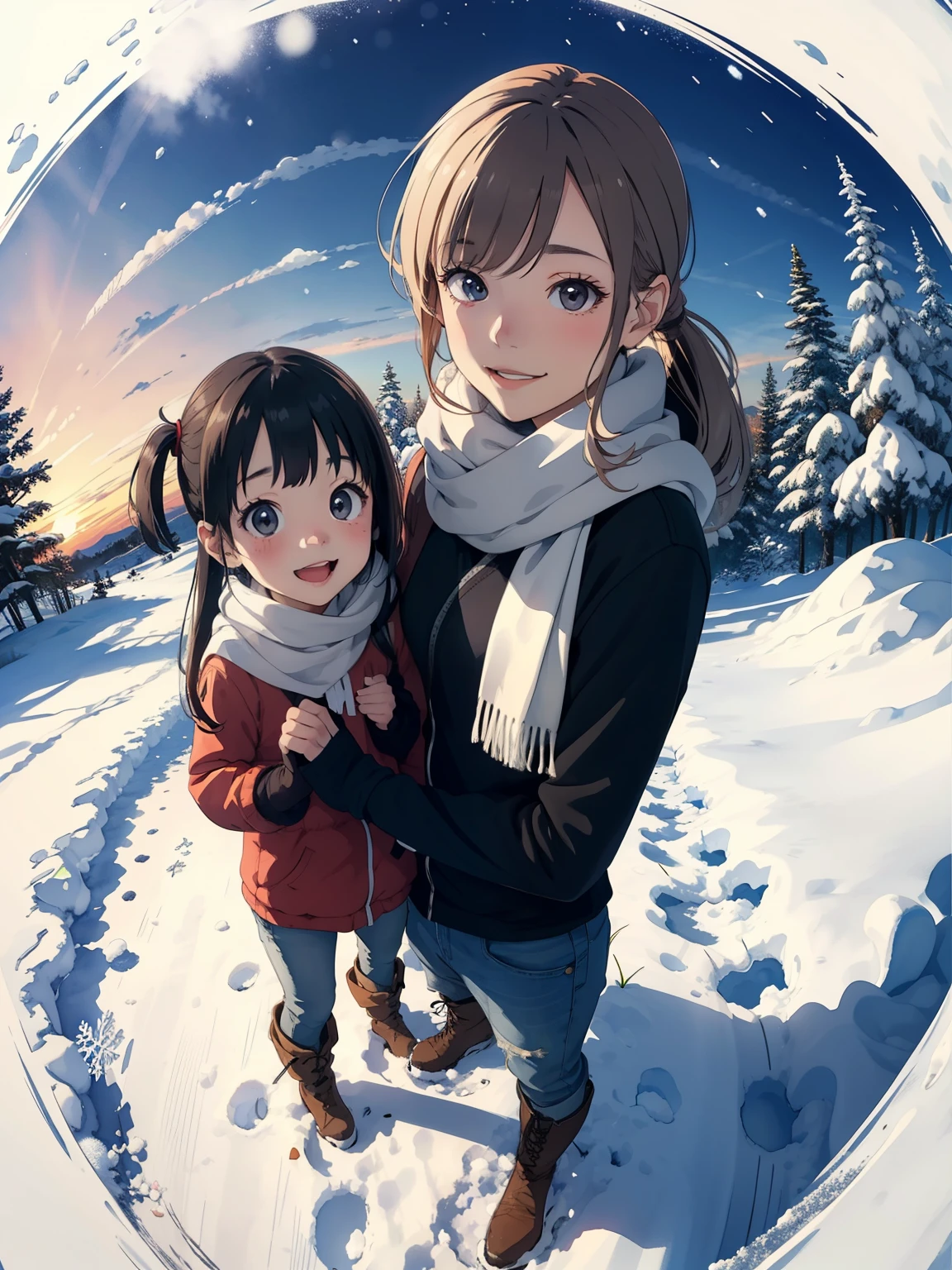 masterpiece，   best quality， High image quality ，(   super flat   ,     Flat Shading   )，  Fisheye Lens   ，Beautiful ite, trained young mother and her very cute little training daughter:1.25， warm scarf，(naked)，Long Hair， boots，smile, smile，White Breath:1.2，fun, play, winter, snow, 新snow，At dusk，Beautiful sunset，Wide angle,    bright color , watercolor, Ghibli style，Strong winds，   girl&#39;Lure，