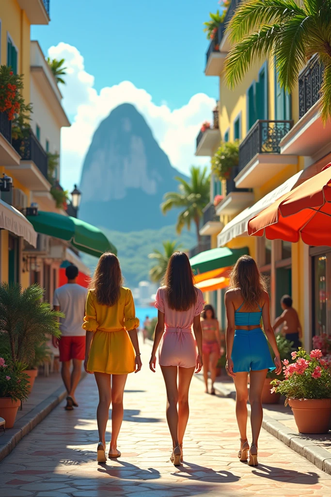 (straight hair+Brazilians: 1.2+dark: 0.9+straight: 1.1), (girl OR woman), big brown eyes, full lips, golden earrings, tropical background, palm trees, sun, beach, bright colors, summer vibes, wearing sexy bikini, full breasts. Hang gliding passing in the sky, children sucking ice cream and wearing light summer clothes with Copacabana palace as a background.
