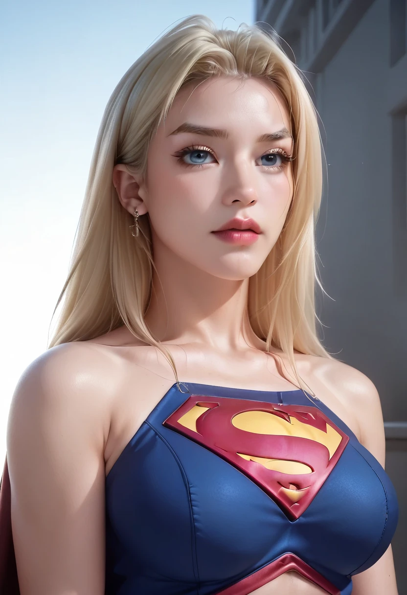 beautiful young supergirl, elegant, sexy, alluring, badass, magnificent bearing, exquisitely detailed, hyperrealistic, photorealistic, high quality, 8k, dramatic lighting, cinematic, cinematic lighting, glowing skin, perfect facial features, piercing eyes, detailed eyelashes, full lips, flowing hair, intricate costume details, powerful stance, confident expression, heroic, epic, dramatic atmosphere