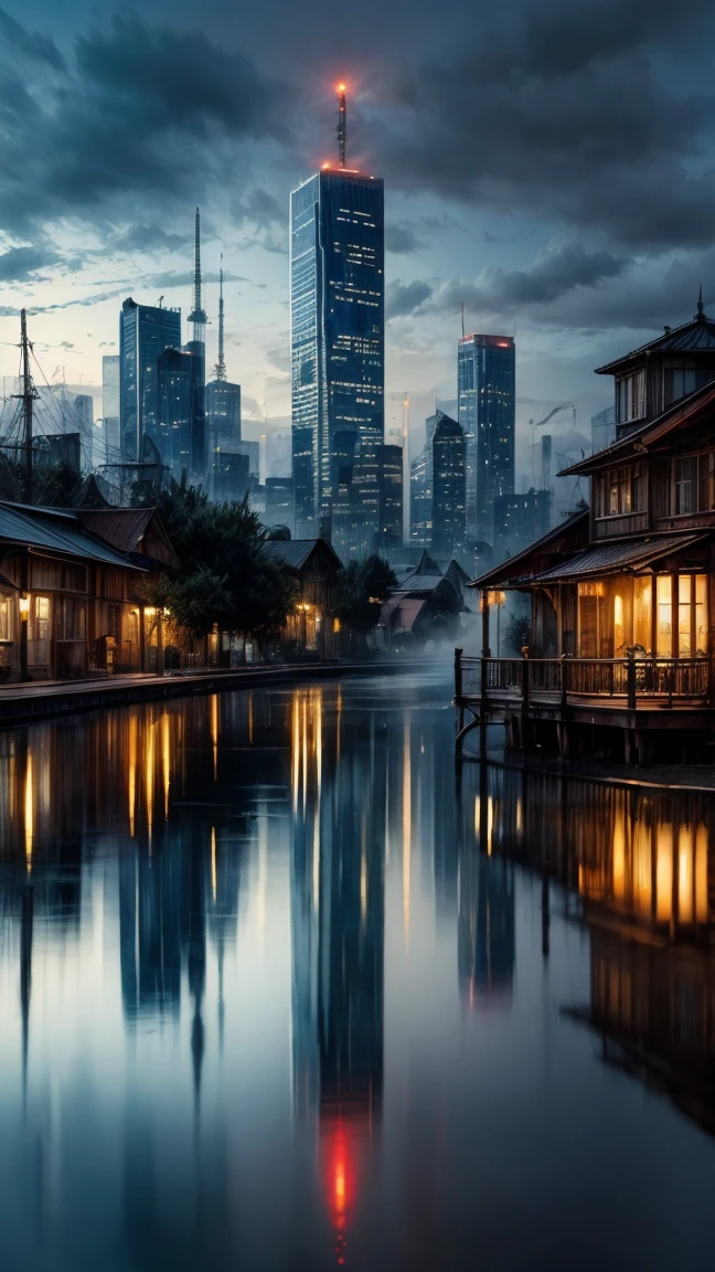 masterpiece, best quality, water, city, reflection of city, (fog:1.3)