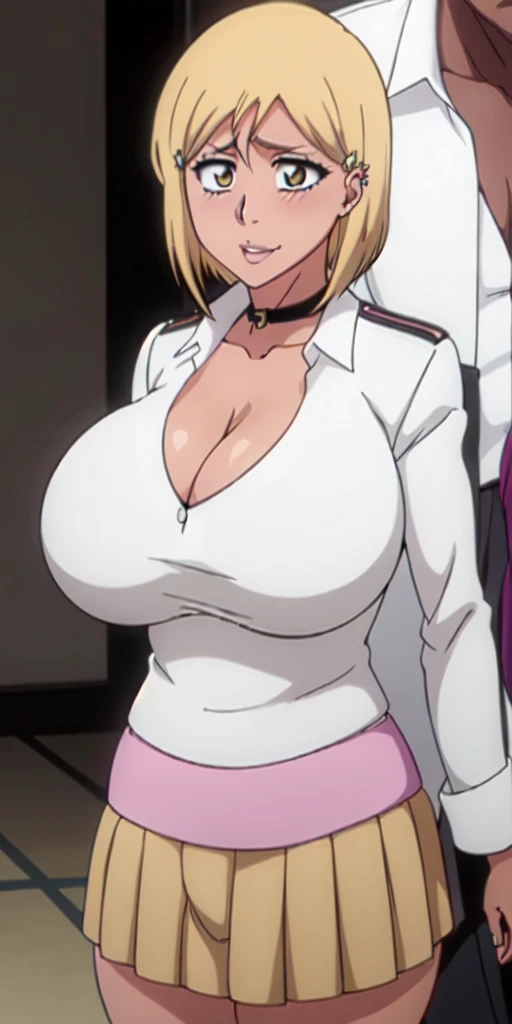 Orihime Inoue,Bleach artstyle,Big breast,Enchanted big breast,Thick lips,Circle piercing in lips,((((White shirt school uniform)))),Cleavage,(((short gray skirt)))Curvy figure,Plump,Hoopa bracelet,Long nail,Side burn visible,look at viewer,(((yellow blond color hair))),((head facing front)),High quality,Highres,Humongous big breast,visible ear,Big cleavage,light blush,Stud earring,A lot of piercing,((black Chocker)),Hyper Detail,((dark colored Skin)),((tanned Gyaru)),Crossing arm,Messy hair,Detailed lips,Colorless lips,puckered smile,unbuttoned collar shirt,mono color hair,((Shura messy hair)),See throught leopard print bra,Half eyes open,Solo,1girl,light blush,Happy,Glossy lips,((Himecut bang hair)),flirty,Enchanted big breast,