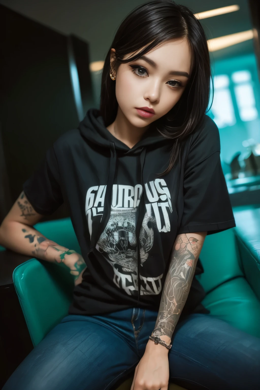 The most beautiful and sexy girl, wearing hoodie, graphic t-shirt, torn skinny jeans and highly detailed, tons of tattoos and piercings, showing hands , highly detailed background, perfect masterpiece, high quality, high resolution