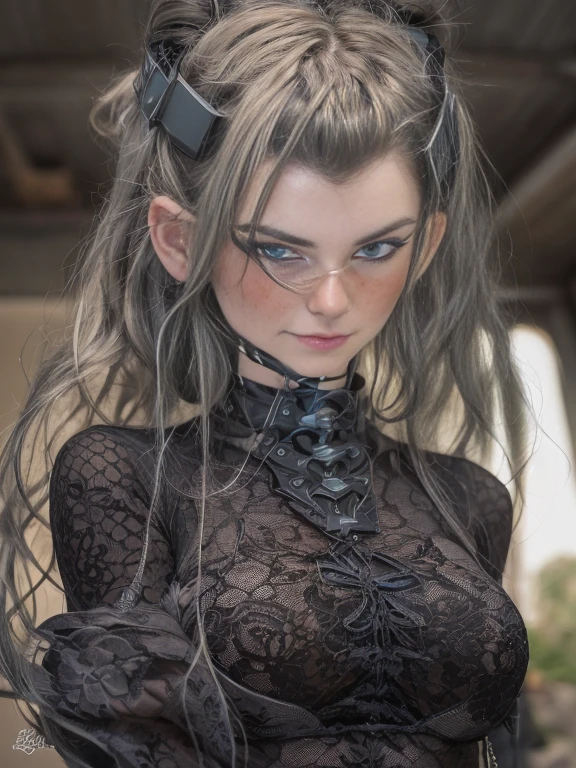 A (MASTERPIECE, BEST QUALITY:1.2), 8K,, portrait image of female laurence bedard age 20 dressed in bondage-gear wearing spiked-collar, spreader-bar, submission-rope, Extras: sparkling-eyes, perfect-eyes, bright-irises, perfect-anatomy, nsfw, dynamic-composition, silhouette-effects, She has green eyes and a buzz hair style, and is in a caravan. she is looking so sexy, grinning viewerfull body tattoo