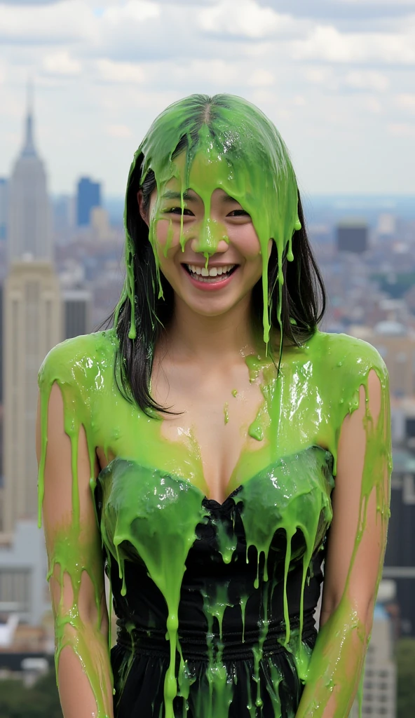 Photograph of typical Asian girl covered in dripping green custard. Wearing strapless black dress. f/1.4 aperture. hyper-realistic style. (Asian girl: 1.1). black hair. Slime. Telephoto lens. 8k. Masterpiece. New York city in background.