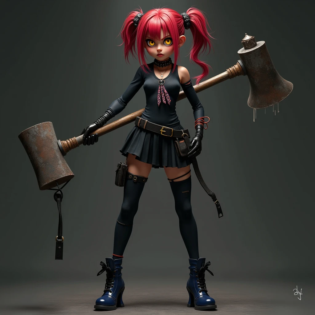 Realistic anime character, cute goblin femail, redhead, red eyes, full body portrait, holding a big hammer, little smile, in battle, dynamic composition, intricate gloomy background, dark fantasy style, dark arts, depth of field, blood of the enemies 