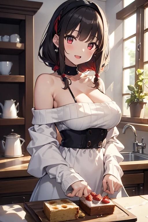  masterpiece, 1girl, Amazing Cleavage:1.3, thin waist, big ass, Raised sexy, medium breast:1.3,posed cleavage:1.2,solo, looking at viewer, open mouth, have a cup of coffee,black hair, red eyes, dress, bare shoulders, jewelry, collarbone, sidelocks, hairband, earrings, indoors, off shoulder, :o, sweater, arms behind back, plant, short hair with long locks, white hairband, off-shoulder dress, sweater dress, off-shoulder sweater, red sweater, big side hair, very long side hair,is rendered in (masterpiece: 1.2, best quality), with (ultra high resolution) and an exquisite (depth of field). This masterpiece is not only visually stunning but also tells, make of cooking some cakes ,in the kitchen,smile,seductive weak smiling,(with sparkling eyes and a contagious smile),open mouth, Looking at Viewer, 