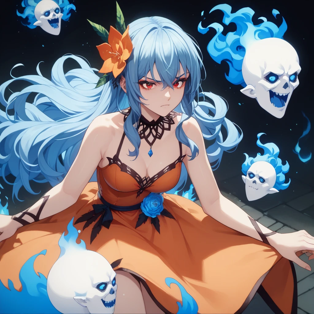  score_9, score_8_up, score_7_up, score_6_up, score_5_up, score_4_up, 1girl, blue hair, long hair, red eyes, orange dress, hair flower,Terrible ghost, blue fire,  Darkness、skelton、Thunder Magic