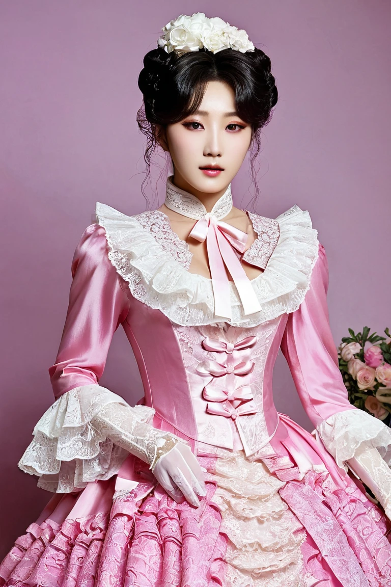 A Korean man in ladies victorian dress, he is crossdresser, He has big breasts like a woman, slender female body, His hairstyle is short and manly, white and pink, long sleeves, Rich lace and frills, rococo dress, silk