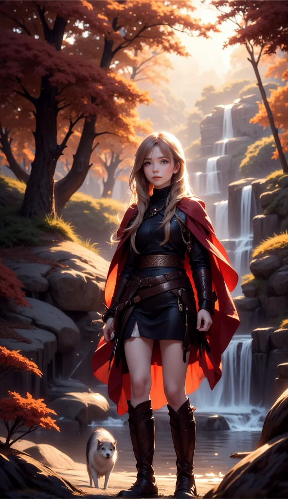   Fantasy Art  , RPG Art, Dark   Fantasy Art  ,   Ultra Wide Shot  , Born, Photographically, 女性の人間Rangerとその (white: 1.4)  Wolf Pet , Ranger,   Very Beautiful Human Woman  ,    long blond hair    ,    hair with braids, Green Eyes, wear leather armor, wear (red cloak: 1.1), Armed (sword: 1.3), wear laced boots,   Female Human Ranger and Her {x} Standing in the Amazing Fall Forest,   Fantasy Forest   (  intricate detail dealing with 3 tentacles, masterpiece,   best quality: 1.5), (In the fall: 1.5),  orange, red,  Tan Leaf  , tree々A lot, Water flow (  intricate detail dealing with 3 tentacles, masterpiece,   best quality: 1.5), waterfall (  intricate detail dealing with 3 tentacles, masterpiece,   best quality: 1.5), an epic white cat stands near her, Sparkling blue eyes, At the waist,   Fantasy Forest  ,   best quality, 16k, [  super detailed], masterpiece,   best quality, (  super detailed), whole body,   Ultra Wide Shot  , Raider  
