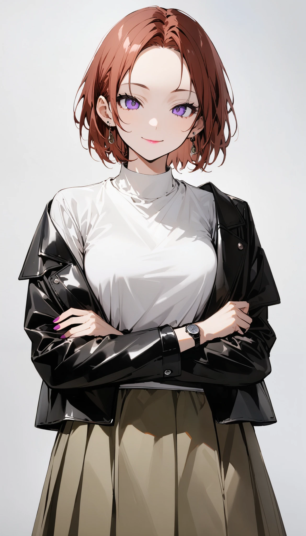 {{masterpiece}},((White background)),((from front、full body)) , portrait、 Cowboy Shot 、 Attention to Details 、1 adult female、medium breasts、 perfect proportions 、Reddish brown hair、pixie cut、Purple Eyes、forehead, parted bangs、Cheerful smile、 closed mouth 、 black riders jackets、 white shirt、Khaki long skirt、watch、Standing in black high heels、crossed arms、lipstick、Small earrings、Photograph from the front、Photograph the whole body、Contemporary Fashion