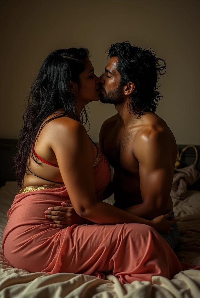 a 50-year-old shirtless man affectionately hugging and kissing aradiant, full-figured South Indian plus-sized 30 year old daughter wearing a off white silky saree in dressing room, (cum Splash on her face and blouse, cum Splash on her face, cum Splash)captured in a full-body image with vibrant hues and meticulous details. Full body image