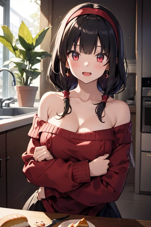  masterpiece, 1girl, Amazing Cleavage:1.3, thin waist, big ass, Raised sexy, medium breast:1.3,posed cleavage:1.2,solo, looking at viewer, open mouth, have a cup of coffee,black hair, red eyes, dress, bare shoulders, jewelry, collarbone, sidelocks, hairband, earrings, indoors, off shoulder, :o, sweater, arms behind back, plant, short hair with long locks, white hairband, off-shoulder dress, sweater dress, off-shoulder sweater, red sweater, big side hair, very long side hair,is rendered in (masterpiece: 1.2, best quality), with (ultra high resolution) and an exquisite (depth of field). This masterpiece is not only visually stunning but also tells, make of cooking some cakes ,in the kitchen,smile,seductive weak smiling,(with sparkling eyes and a contagious smile),open mouth, Looking at Viewer, 