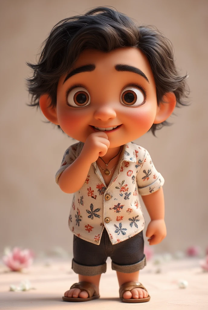 Stylized 3D render, adorable baby character, slicked back hair, trendy white patterned shirt, dark shorts, sandals, chubby cheeks, finger in mouth, cute pose, photorealistic textures, soft lighting, shallow depth of field, high skin detail, studio photography style, character design, cartoon proportions, quirky, adorable