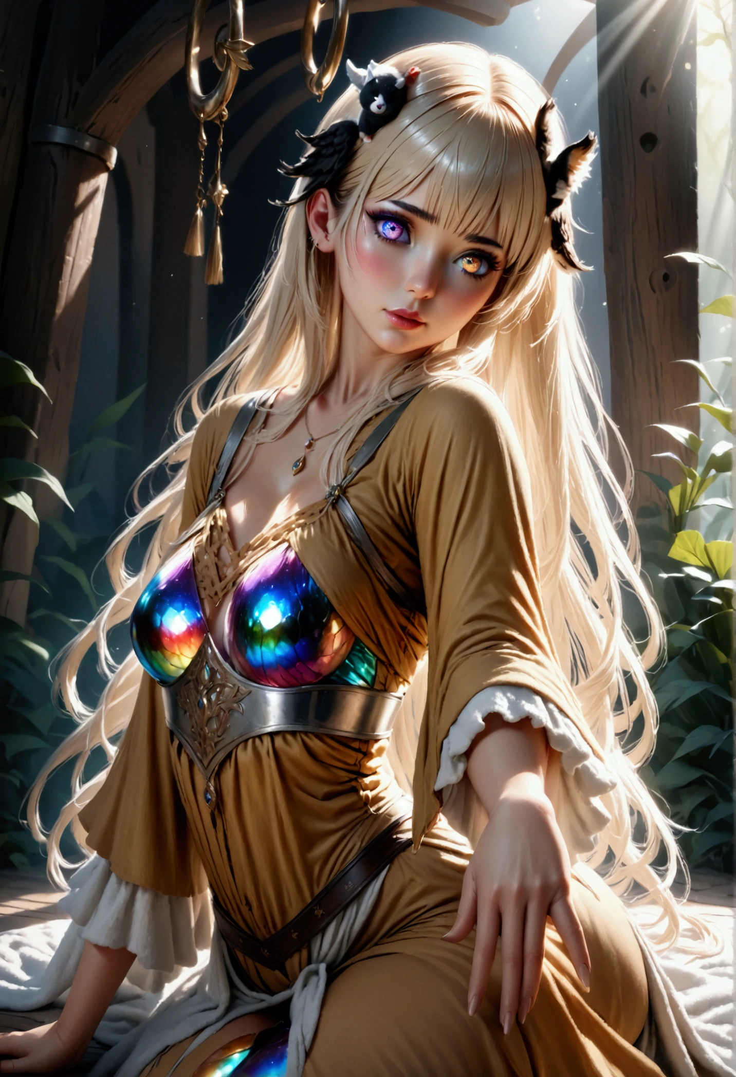 1maturegirl,((mahiru shina)), Long smooth straight golden hair, iridescent eyes,aesthetic figure,sitting in skimpy medieval clothes,((masterpiece, super detail,detailed eyes, best quality, 8k,realistic))
