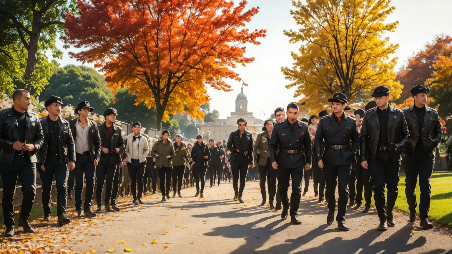  high definition ,超 high definition ,8k, very detailed,Realistic,photo-Realistic:1.37), best quality,masterpiece、 pictures of 8 death metal band members grilling yakiimo in the park at night、LOVEHIROHITO 、 -Yeld Boear-old LEHITO  、ring military uniform、 red, everyone is holding a purple-skinned yakiimo in their hands 、smile、 Adolf Hitler and Benito Mussolini 、 Vladimir Lenin and Joseph Stalin and Che Guevara、Colonel Gaddafi 、 Fidel Castro surround a bonfire together 、Collect a large amount of fallen leaves and burn them high 、 fluttering fire powder 、Fallen leaves are spread all over the floor 、With Midnight Forest in the background 、 fun atmosphere