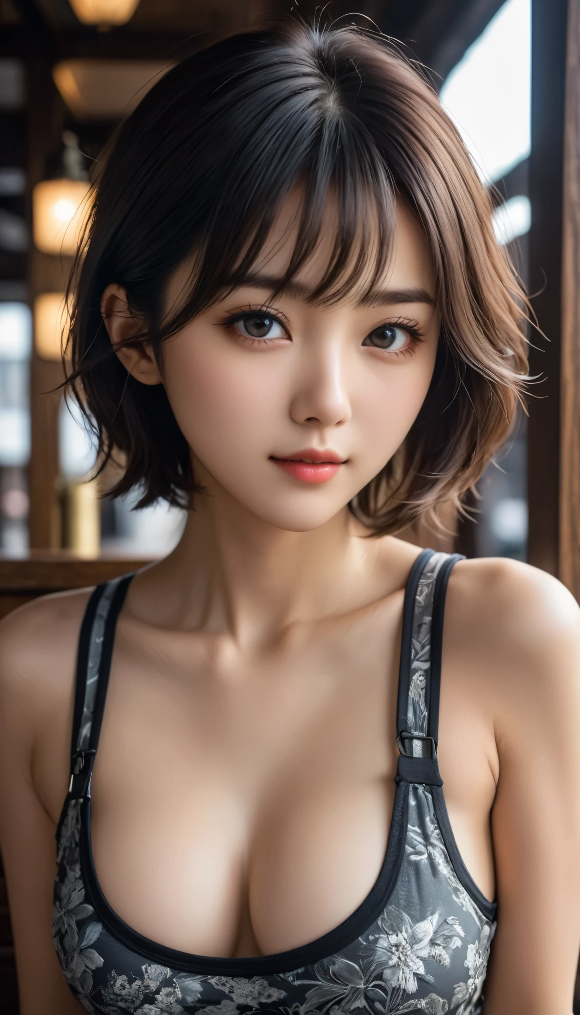 8k,  ultra high resolution,  best quality, masterpiece, 三分割法によるphotograph, surreal,photograph, one woman,( girl:1.3),cute,cute顔, 細部まで beautiful eyes, 細かく Detailsに,masterpiece,一人の girl:1.2, comet ,Basketball Player,cowboy shot,smile,Black short hair,Wavy bob,ID photo,future, brutal cyberpunk woman ,Luxurious and gorgeous,basketball field,((Tank top and shorts:1.5)),Bib number, fancy fashion,Lavish Decoration,(BDSM Mistress),(Cute girl),(Upper class lady:1.5),Expressions of despair,Dark and atmospheric lighting,delicate details,  Detailsな顔,anger, charming eyes,(ポートレートphotograph:1.4),( Photorealistic images with attention to detail of hands :1.4), Fantasy Art ,( beautiful face:1.4),美しく charming eyes、 beautiful eyes,Silver Remaining,( Tight waist :1.4)、( beautiful with perfect body proportions:1.4), pink lips,profile,((( ideal body shape))),A cup small bust :2,、Portraiture:2、 perfect anatomy、鮮明な Details、 Details,Thin lips,完璧で beautiful face ,完璧でcute顔,  Skin with attention to detail, Perfect limbs、 thin waist, surreal,Light and Shadow, fashion magazine cover,spotlight