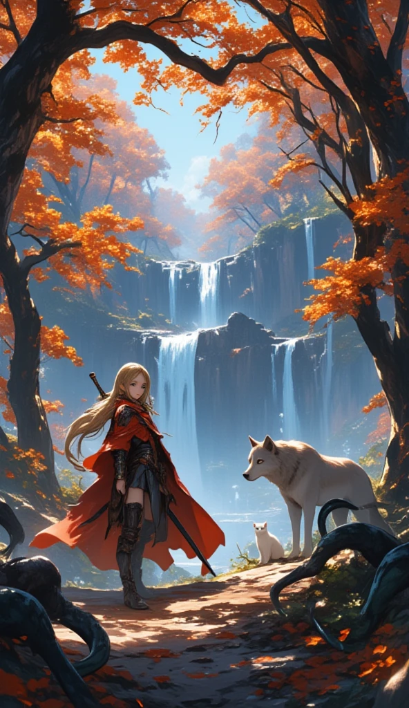   Fantasy Art  , RPG Art, Dark   Fantasy Art  ,   Ultra Wide Shot  , Born, Photographically, 女性の人間Rangerとその (white: 1.4)  Wolf Pet , Ranger,   Very Beautiful Human Woman  ,    long blond hair    ,    hair with braids, Green Eyes, wear leather armor, wear (red cloak: 1.1), Armed (sword: 1.3), wear laced boots,   Female Human Ranger and Her {x} Standing in the Amazing Fall Forest,   Fantasy Forest   (  intricate detail dealing with 3 tentacles, masterpiece,   best quality: 1.5), (In the fall: 1.5),  orange, red,  Tan Leaf  , tree々A lot, Water flow (  intricate detail dealing with 3 tentacles, masterpiece,   best quality: 1.5), waterfall (  intricate detail dealing with 3 tentacles, masterpiece,   best quality: 1.5), an epic white cat stands near her, Sparkling blue eyes, At the waist,   Fantasy Forest  ,   best quality, 16k, [  super detailed], masterpiece,   best quality, (  super detailed), whole body,   Ultra Wide Shot  , Raider  
