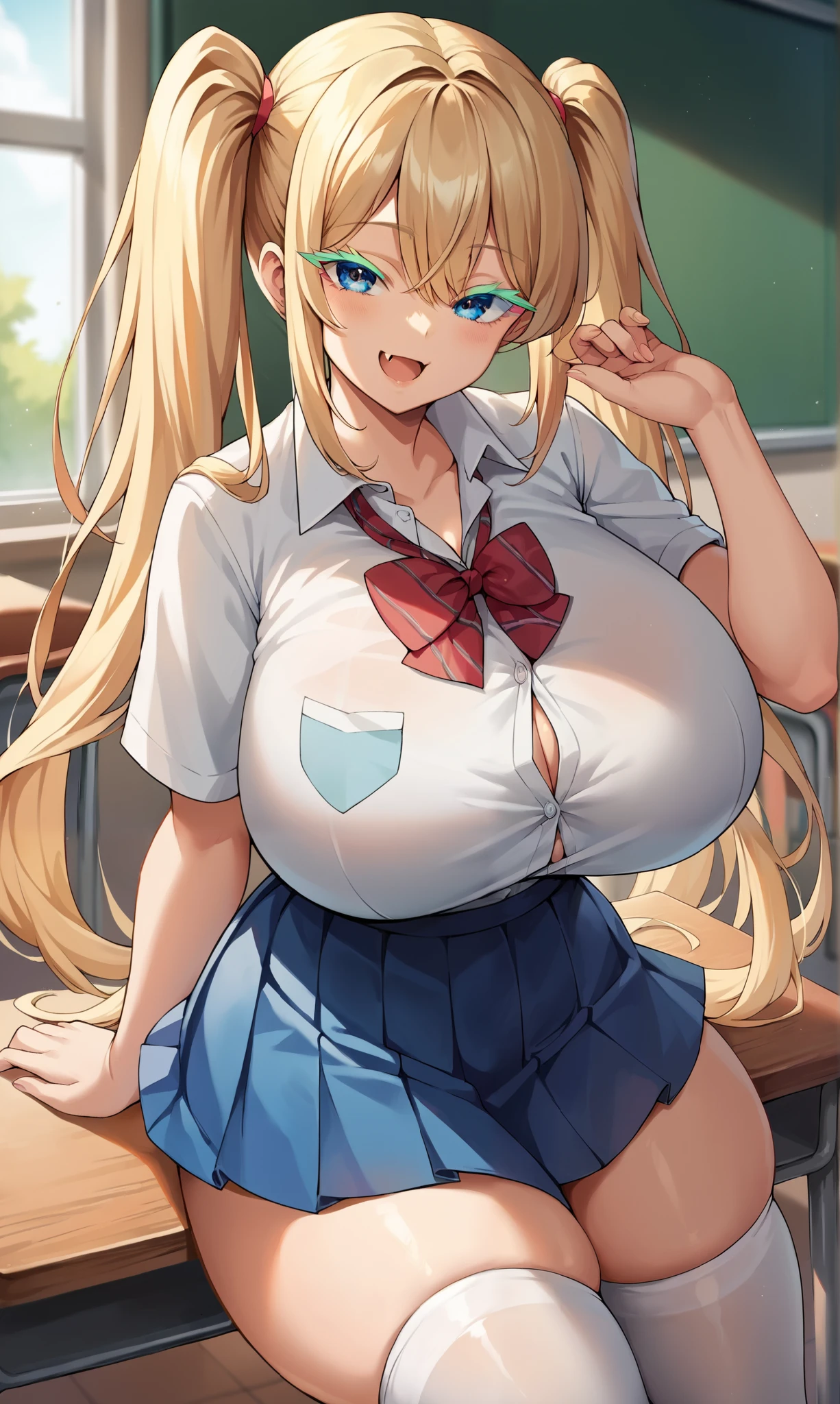 score_9,score_8_up,score_7_up,score_6_up,score_5_up,score_4_up,(source_anime),1girl,solo,long hair,breasts,looking at viewer,smile,open mouth,blue eyes,skirt,blonde hair,shirt,thighhighs,twintails,very long hair,school uniform,thighs,pleated skirt,fang,huge breasts,white thighhighs,blue skirt,skindentation,thick thighs,tented shirt,colored eyelashes,school,