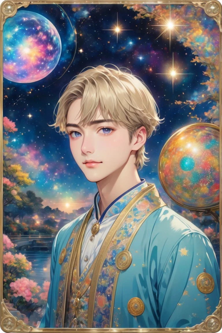 ボブヘアのBlondeの少年、Great Japanese girl with big and beautiful eyes 、The forehead is hidden by the bangs。 bangs hanging over eyes 、golden eyebrows、Fortune telling、 wearing a hoodie、 tarot card 、最 best quality,  best quality, 16k,  Incredibly Absurd ,  Very detailed, 2.5D, Delicate and dynamic , , formal,   universe space  , Night Sky,  crescent,  constellation, Gorgeous Nebula, meteor, ,  tarot card ,  Giant Magic Circle , Complex magic circle, Colourful Magic Circle , Colorful celestial globe,  small face , Very delicate facial expression, Delicate eye depiction,  upper body close-up,Blondeのショートボブの美しい男性、Blonde、Long bangs、Healthy body shape, 25-year-old male,  handsome, :  170 centimeters,astrologer, 星Fortune telling,  tarot card ,  Calm Expression , 複雑なmagician&#39;{{outfit, magician&#39;{{outfit in chic colors, magician&#39;  Fortune telling, Declares ,  tarot card を配る,  tarot card をばらまく