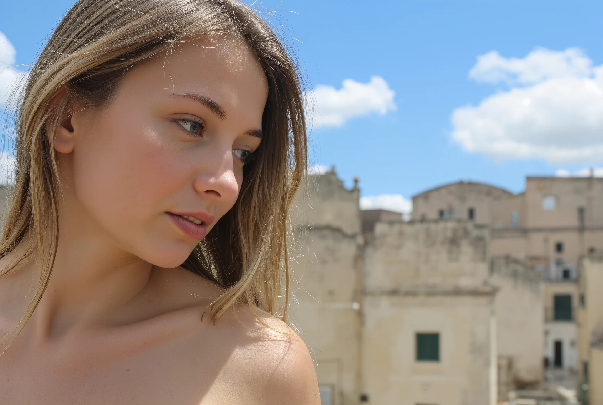 (professional photo of gorgeous woman in Matera). Matera dreaming scene.. [UHD, masterpiece, very detailed, sharp focus, ((skin marks, moles, smooth skin, real pores, moles on skin, stretch marks, natural skin:1.8)), textured skin, high details, high quality], side angle view, viewing at the camera, sunny day, clear sky, clouds, professional photo, hi res