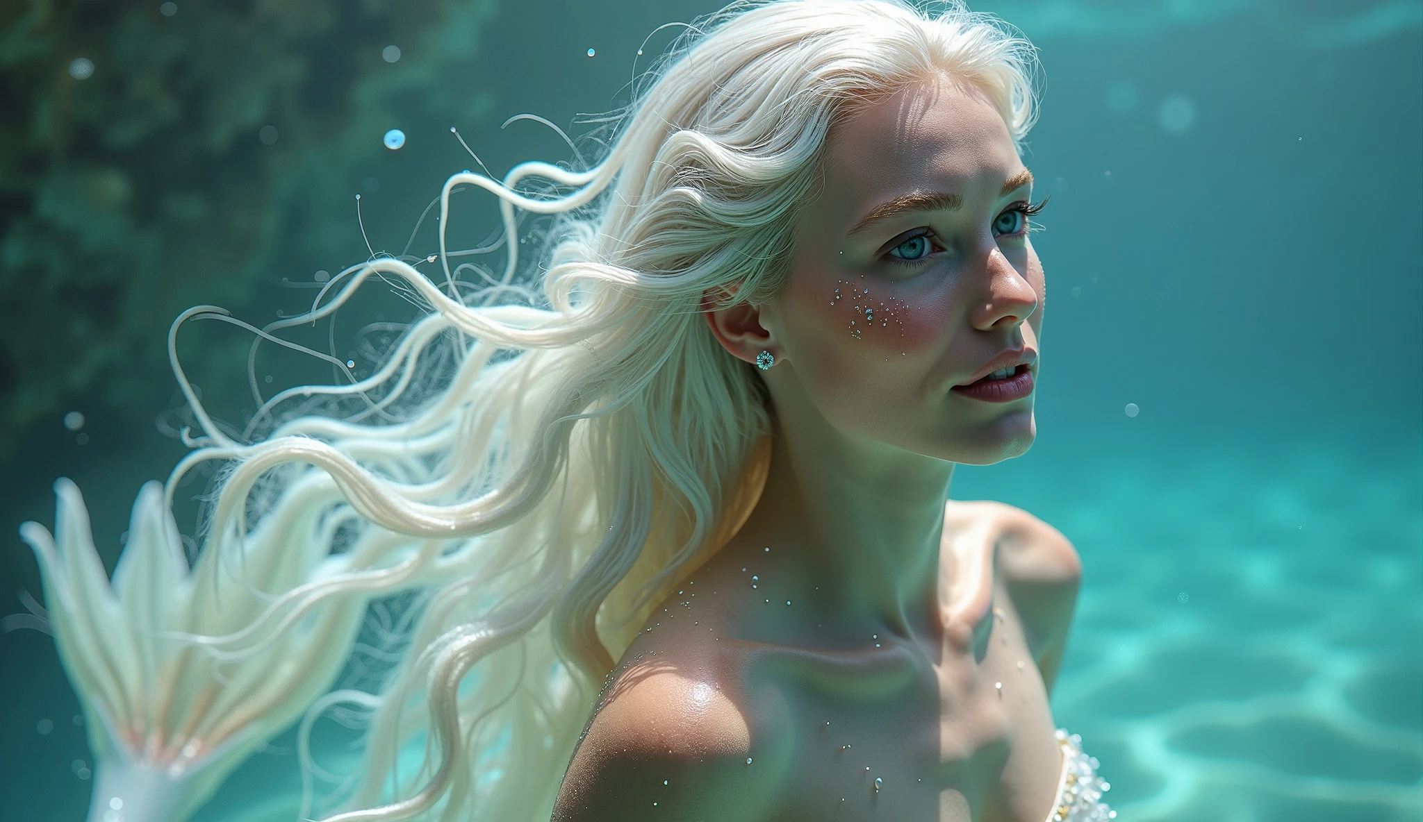 portrait of a swedish nude woman, 21 years old. ((sunburnt pale ivory skin)), ((long light platinum hair)), wavy at the height of the back, ((azure eyes)), fluffy turned, ((big cheeks)), bathing in the natural, ((naked)) in a deep river and transparent waters, only with the head and neck out of the water, between reeds, (backlit), realistic, masterpiece, high quality, brightness, shadow, flower, [[chromatic aberration]], by Jeremy Lipking,  by Antonio J. Manzanedo, digital painting, swedish, 8k uhd,, forest, stones on the bank, river, wood, smoke, shadows, contrast, clear sky, style, (warm hue, warm tone)