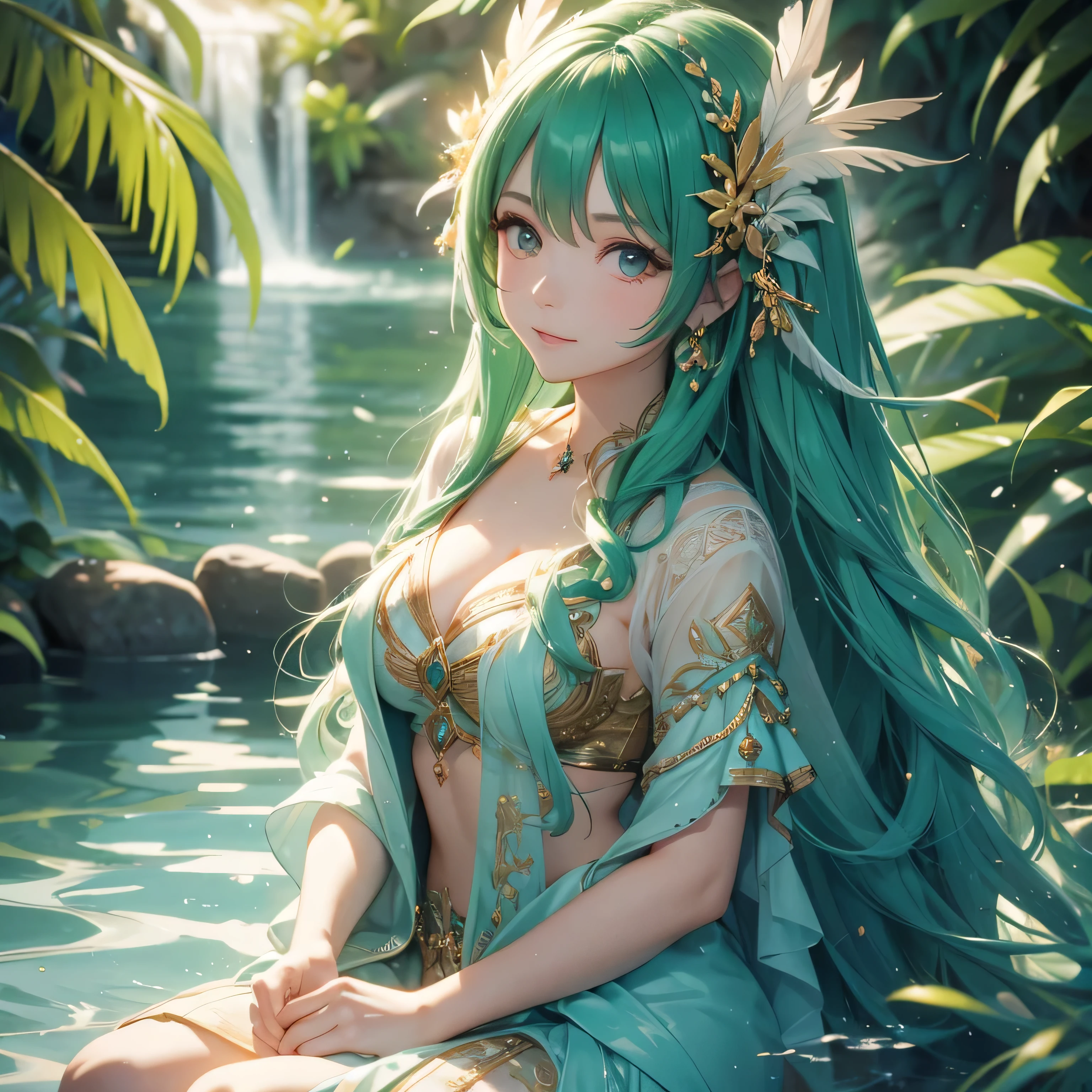Anime girl with a collar,
long necklace and earrings, 
Inspired by a tranquil garden, 
Colorful animated stills, 
masami teraoka, Aquamarine, Paul Gauguin, Embry Style, Honest portrayal、Looking into the camera