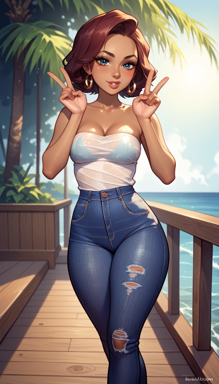 (masterpiece,  best quality ,    depth of field  ,  best shadows ,  a beautiful African-American woman illuminated by the afternoon sunlight , standing on the pier of the port ,  she wears a blue strapless shirt and tight jeans highlighting her thick thighs,dynamic pose,Mix watercolor with digital paint , Dutch angle,peace gesture , an idyllic and bright scene with creative and wonderful nuances,  a composition rich in colors and art .