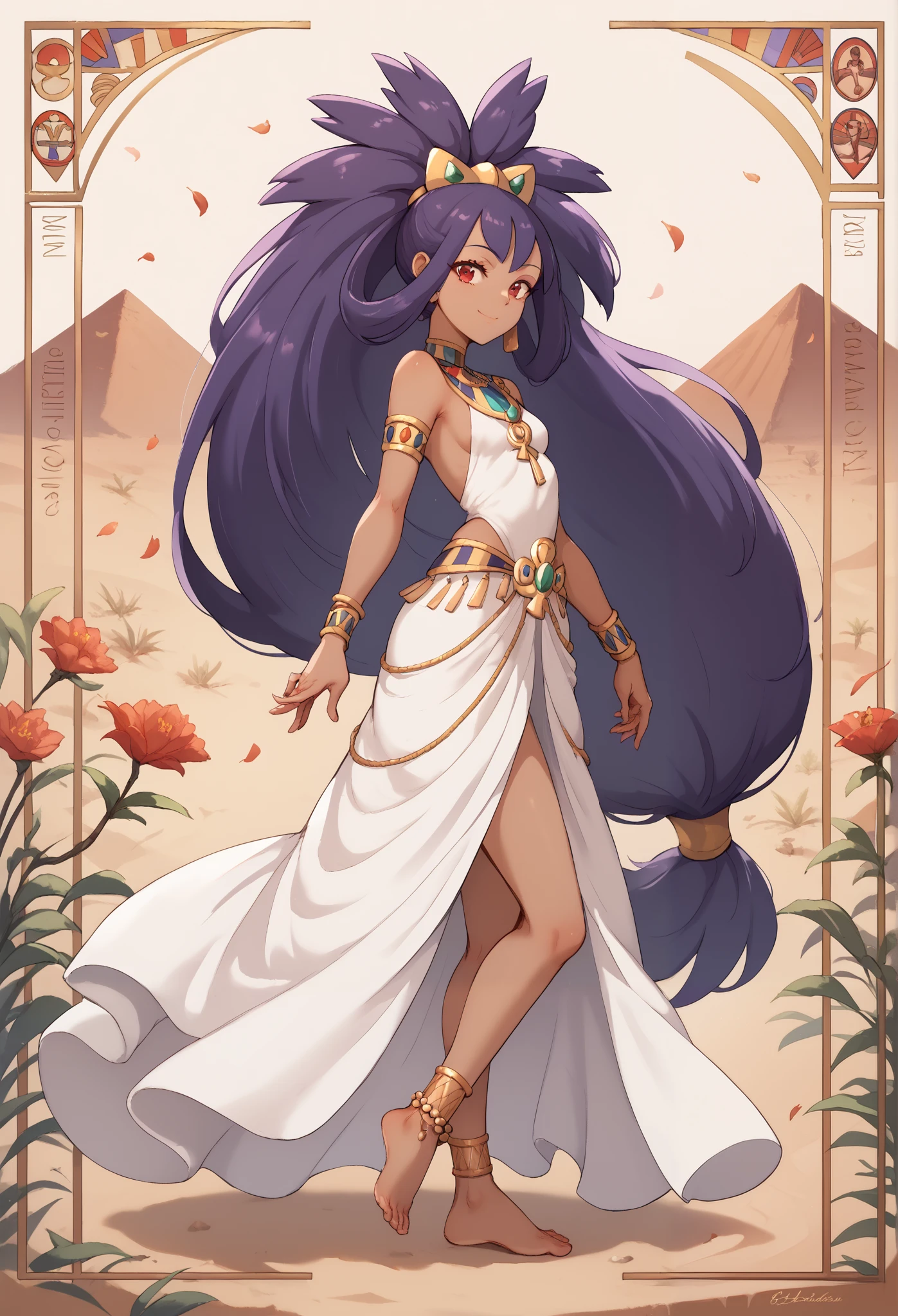 Best Quality, Masterpiece, ultra high resolution, iris \(pokemon\), purple hair, long hair, red eyes, dark skin, big hair,small breasts,  BREAK  1girl,solo,smile,sexy pose,looking at viewer, edgCBC, dress, jewelry, flower, barefoot, , white dress, bracelet,  profile, leaf, (desert background), anklet, art nouveau ,wearing edgCBC_(egyptian clothes)