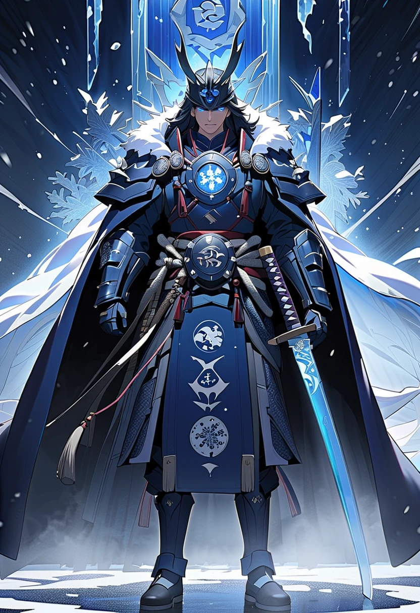 (masterpiece, best quality), 
A powerful and majestic figure representing Winter General (Snow Shogun), inspired by Japanese traditional aesthetics. handsome,
Winter General is dressed in ornate samurai armor adorned with frost and icicles, with snowflake patterns engraved on the metal plates. 
A long, flowing cape made of shimmering ice trails behind them. 
Their face is stern and noble, with pale, frosty skin, and their eyes glow with a cold blue light. They wield a katana that appears to be forged from pure ice, with mist swirling around it. 
background is a harsh, snow-covered battlefield with a stormy sky and flurries of snow blowing in the wind. 
overall atmosphere is cold, majestic, and ethereal, evoking the power and beauty of winter.