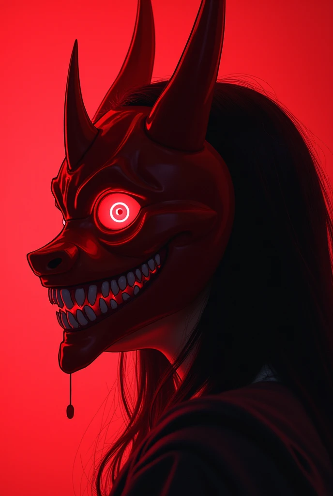  close-up of a profile of a person wearing a pragnya mask, villain wearing a red they mask,  Music Album Art , With a red haze and a big smile, Chill Hop, they mask, music album cover ,  Influenced by Yokoo Tadanori , satoshi kon artstyle, New album cover, oni horns,  inspired by Momoko Shinoda,  anime cover 、Long Hair,  black hair,  contemporary street fashion 