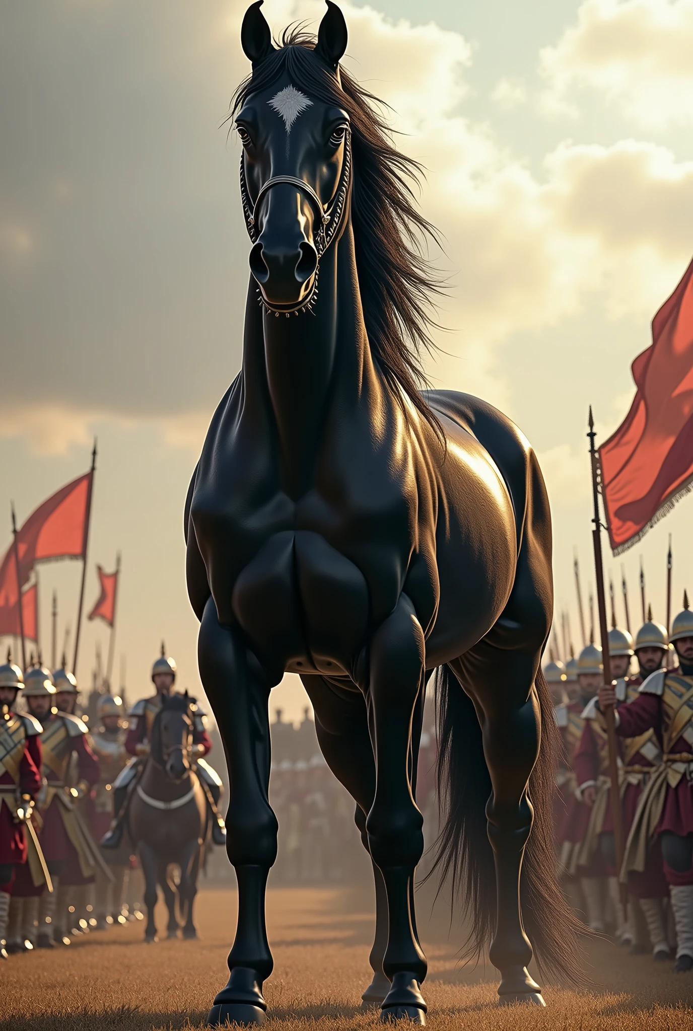 arafed image of a group of people in armor marching down a street, huge bull emerging from the sand, movie promotional image, inspired by Davide Sasselli, anthropomorphic horse, still frame from a movie, 3 d videogame render, ‘luca’, the third horseman --auto --s2