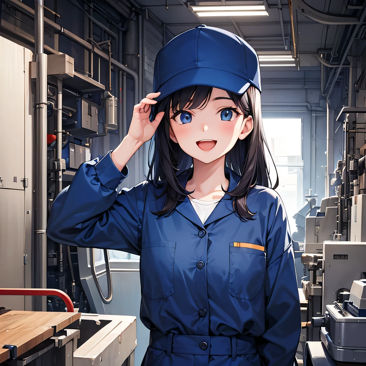 (perfect face), detail-oriented, (bust up), female, 20 years old, alone, front view, in factory, mechanic, slim build, wearing blue hat, blue work clothes, illustration, stroke, formal, iconic logo, Kyoto Animation production style, chatty, big smile, open mouth smile.