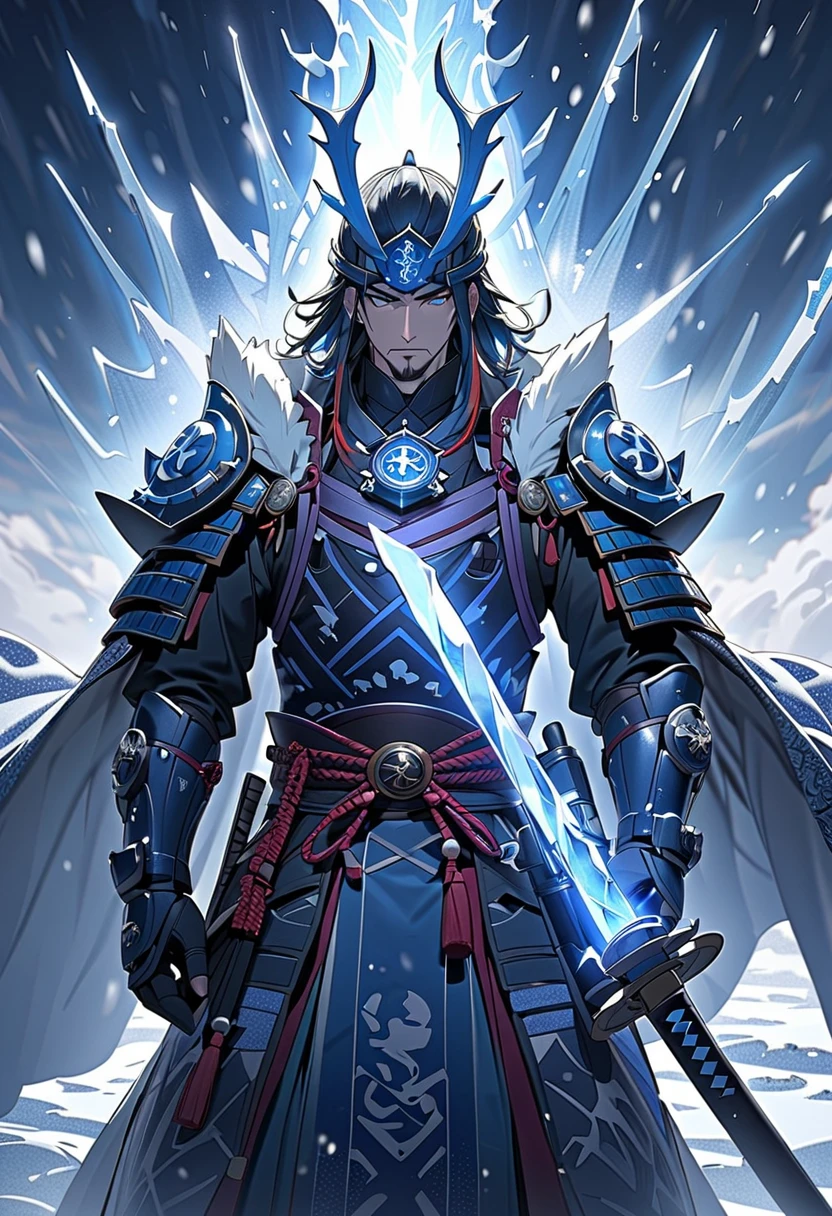 (masterpiece, best quality), 
A powerful and majestic figure representing Winter General (Snow Shogun), inspired by Japanese traditional aesthetics. handsome,
Winter General is dressed in ornate samurai armor adorned with frost and icicles, with snowflake patterns engraved on the metal plates. 
A long, flowing cape made of shimmering ice trails behind them. 
Their face is stern and noble, with pale, frosty skin, and their eyes glow with a cold blue light. They wield a katana that appears to be forged from pure ice, with mist swirling around it. 
background is a harsh, snow-covered battlefield with a stormy sky and flurries of snow blowing in the wind. 
overall atmosphere is cold, majestic, and ethereal, evoking the power and beauty of winter.