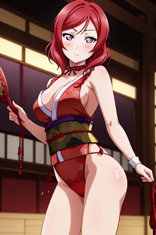 ((masterpiece)), 8K Wallpaper,, is of the best quality,(Standing ),( looking at the audience ),  purple eyes , ( Perfect buttocks),( detailed body positions in ancient Japan), Front to face , nishikino maki, Red Ruffle , ((Red Drawstring Lace Baskets)),  collar, Standing,  blush, Both hands are crossed ,in room 