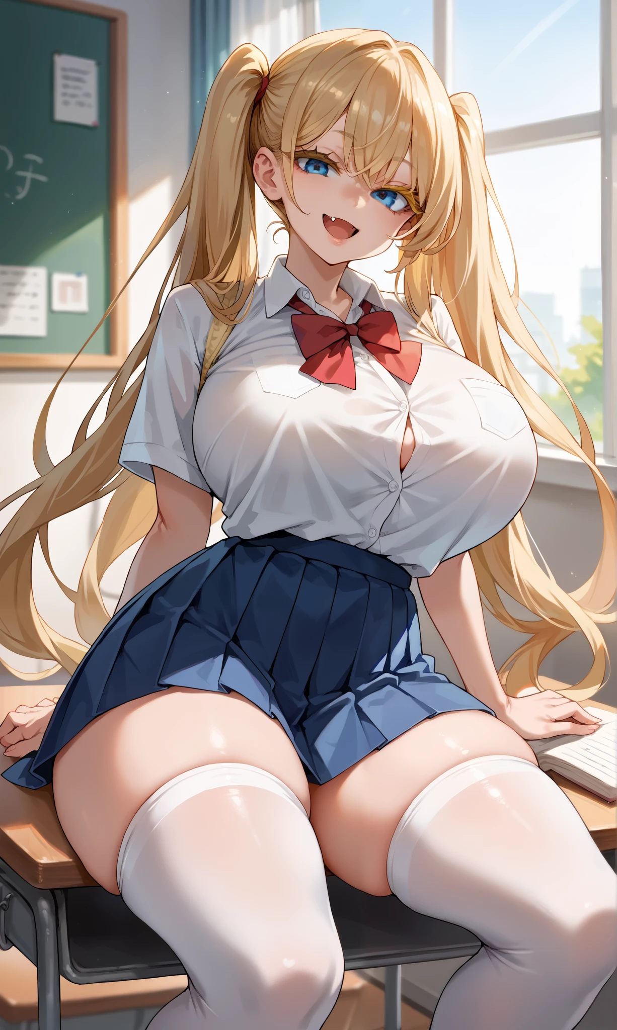 score_9,score_8_up,score_7_up,score_6_up,score_5_up,score_4_up,(source_anime),1girl,solo,long hair,breasts,looking at viewer,smile,open mouth,blue eyes,skirt,blonde hair,shirt,thighhighs,twintails,very long hair,school uniform,thighs,pleated skirt,fang,huge breasts,white thighhighs,blue skirt,skindentation,thick thighs,tented shirt,colored eyelashes,school,