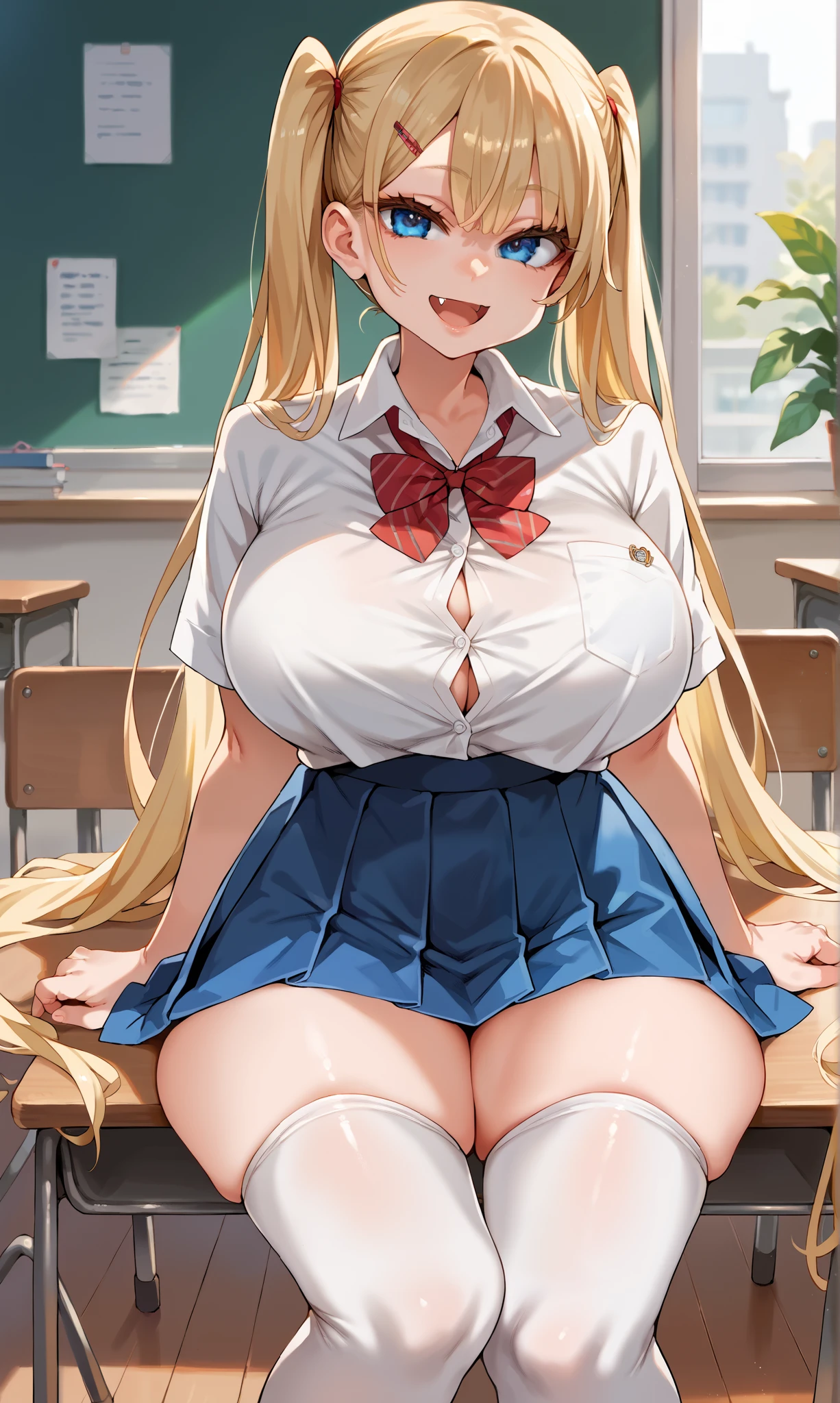 score_9,score_8_up,score_7_up,score_6_up,score_5_up,score_4_up,(source_anime),1girl,solo,long hair,breasts,looking at viewer,smile,open mouth,blue eyes,skirt,blonde hair,shirt,thighhighs,twintails,very long hair,school uniform,thighs,pleated skirt,fang,huge breasts,white thighhighs,blue skirt,skindentation,thick thighs,tented shirt,colored eyelashes,school,