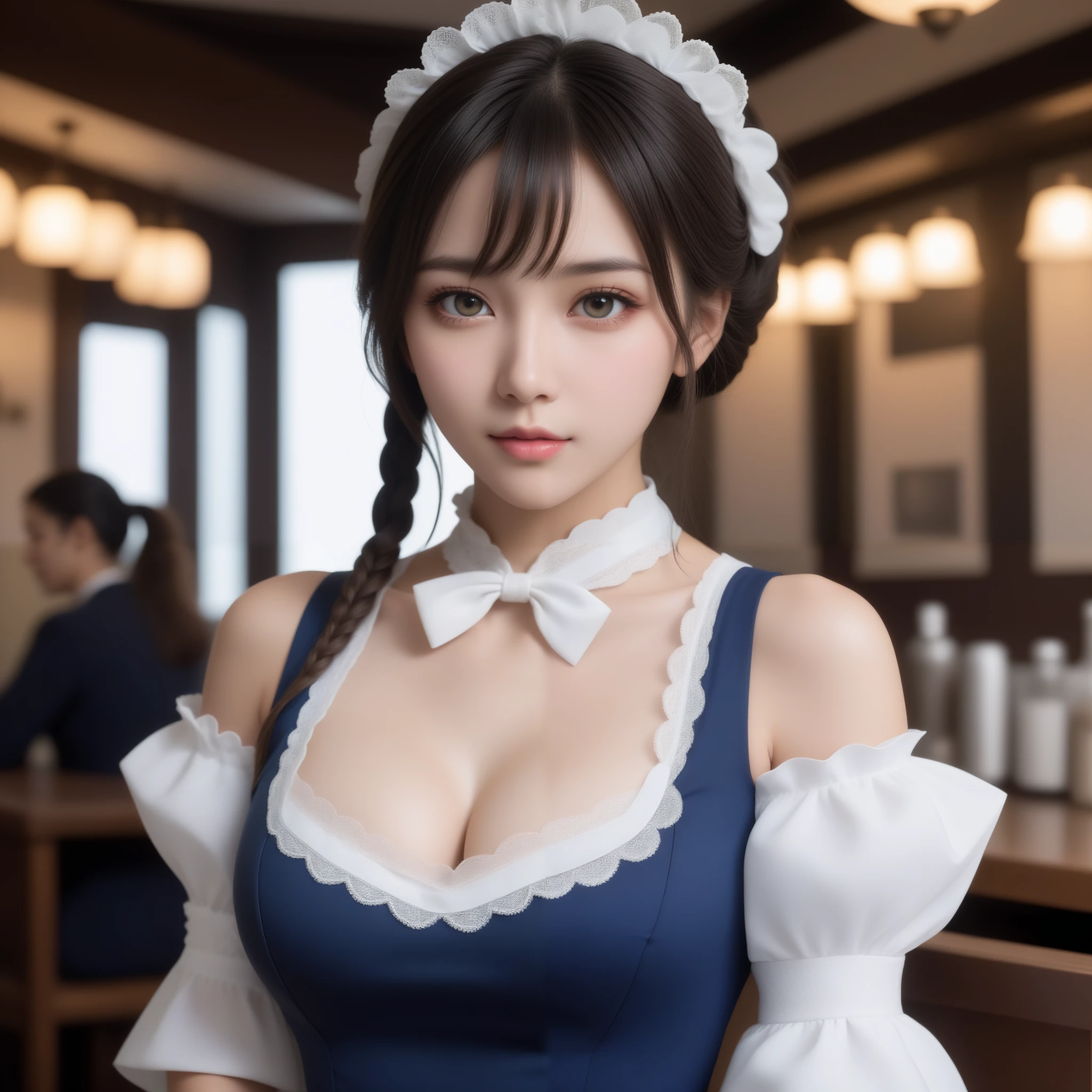 8k,  ultra high resolution,  best quality, masterpiece, 三分割法によるphotograph, surreal,photograph, one woman,( girl:1.3),cute,cute顔, 細部まで beautiful eyes, 細かく Detailsに,masterpiece,一人の girl:1.2, comet ,cafe staff,cowboy shot,smile,Black hair,Dutch braid,ID photo,future, brutal cyberpunk woman ,Luxurious and gorgeous, cafe counter ,(( rococo maid outfit:1.5)),white apron ,knee high boots, fancy fashion,Lavish Decoration,(BDSM Mistress),(Cute girl),(Upper class lady:1.5),Expressions of despair,Dark and atmospheric lighting,delicate details,  Detailsな顔,anger, charming eyes,(ポートレートphotograph:1.4),( Photorealistic images with attention to detail of hands :1.4), Fantasy Art ,( beautiful face:1.4),美しく charming eyes、 beautiful eyes,Silver Remaining,( Tight waist :1.4)、( beautiful with perfect body proportions:1.4), pink lips,profile,((( ideal body shape))),A cup small bust :2,、Portraiture:2、 perfect anatomy、鮮明な Details、 Details,Thin lips,完璧で beautiful face ,完璧でcute顔,  Skin with attention to detail, Perfect limbs、 thin waist, surreal,Light and Shadow, fashion magazine cover,spotlight