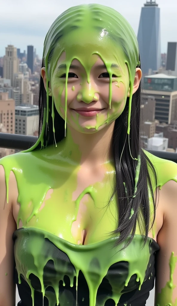 Photograph of Asian girl covered in dripping green custard. Wearing strapless black dress. f/1.4 aperture. hyper-realistic style. black hair. Slime. Telephoto lens. 8k. Masterpiece. New York city in background. Girl.