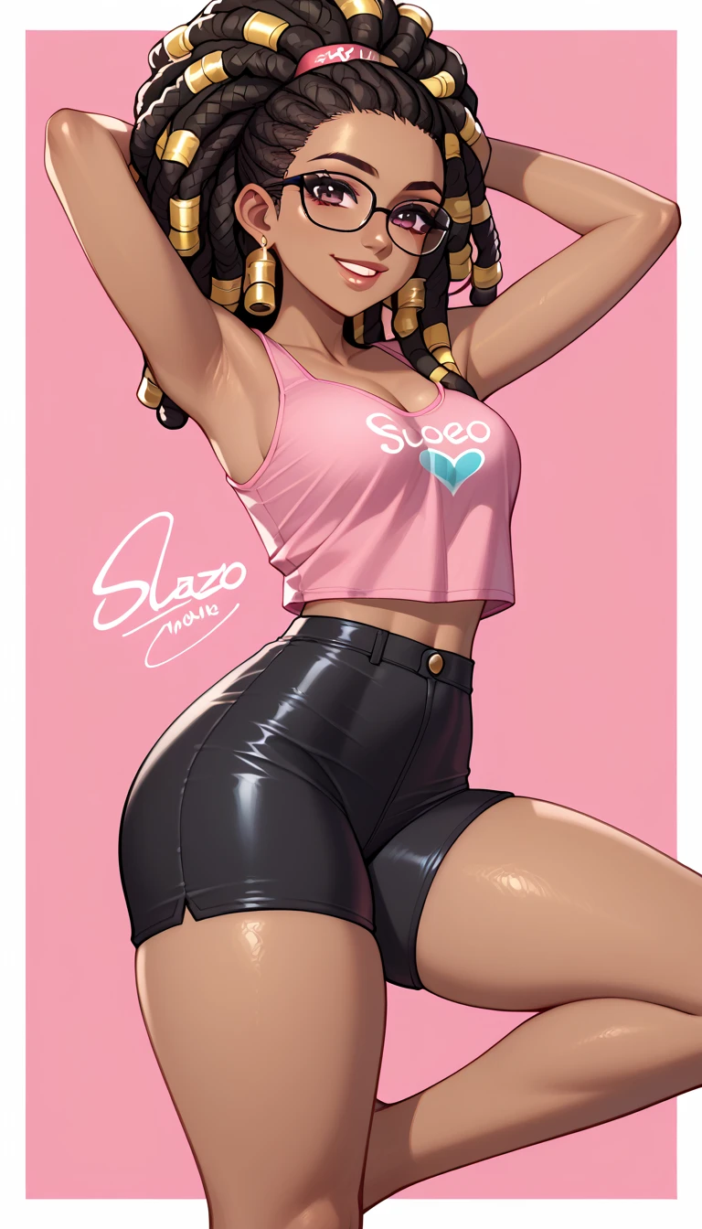 1 black woman ,Afro Brazilian, (cabelo dreadlocks longos:1.2), , dark glasses black lenses , Dark skin,  anime style ,  wears a tight pink tank top and black latex shorts, arms raised, pose sexy,whole leg,smile, big thighs, Sintthwave background from the 80s  ,style gta v