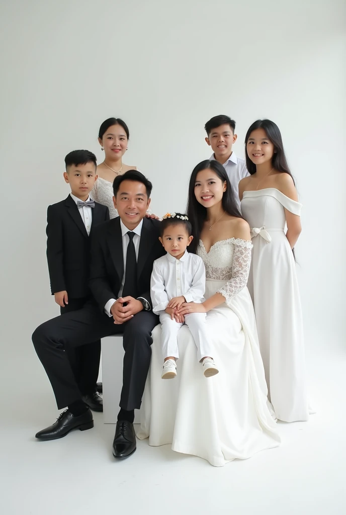 A Family Realistic Photo Studio of 9 members with the father wearing a black suit sitting in the front center with the mother in a white dress. To Father's right, sat two young women in white dresses, and to Mother's left, sat three young women in white dresses. Behind Father and Mother, stood two boys in black suits.