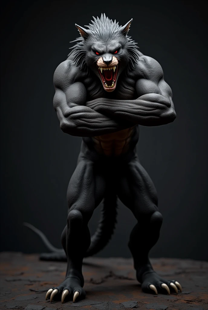 A powerful and strong werewolf, [Lobo poderoso y fuerte], stands in an idle position with his full muscular body on display. His face shows pleasure as he gazes at the viewer, his intricately detailed eyes full of expression. This 3D render boasts the highest quality, showcasing every muscle fiber and delicate detail of his beefy frame. His fur, a mix of light and dark hues, is rendered with unparalleled realism, creating a masterpiece that trends on ArtStation. The dramatic scene is set against a backdrop of a bright room with lens flare effect, adding to the dynamic and expressive feel of this masculine and happy character.