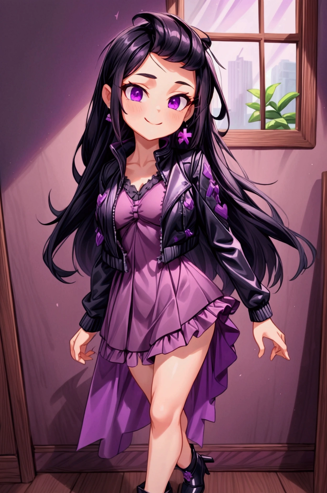 (Masterpiece, best quality) 1 girl, black hair, medium long hair, purple eyes, standing indoors with intricate details and sunlight. Purple frilled dress with short neckline, dark black biker jacket vest, black heels, cross earrings. Sweet smile, sexy pose, coquette, beautiful legs, mature body, gorgeous, pronounced breasts