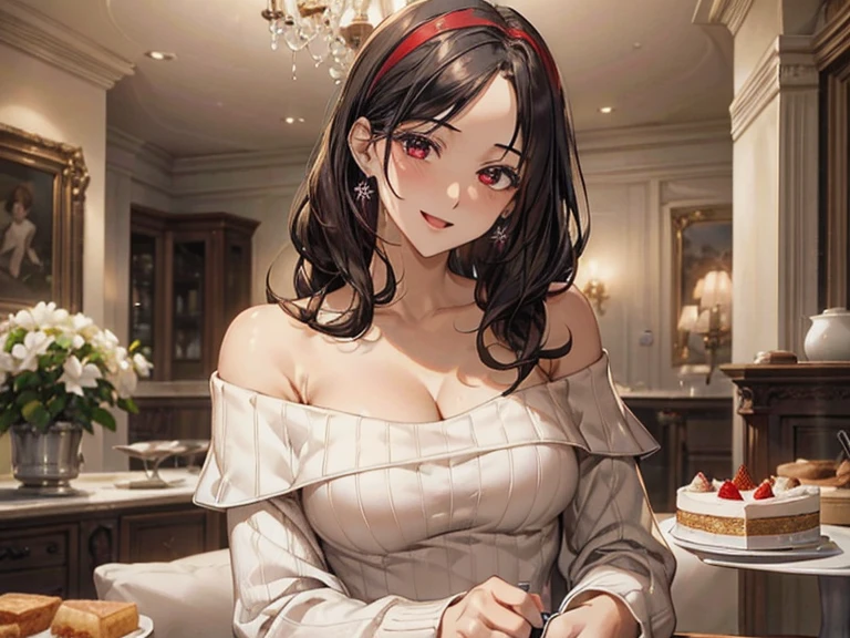  masterpiece, 1girl, Amazing Cleavage:1.3, thin waist, big ass, Raised sexy, medium breast:1.3,posed cleavage:1.2,solo, looking at viewer, open mouth, have a cup of coffee,black hair, red eyes, dress, bare shoulders, jewelry, collarbone, sidelocks, hairband, earrings, indoors, off shoulder, :o, sweater, arms behind back, plant, short hair with long locks, white hairband, off-shoulder dress, sweater dress, off-shoulder sweater, red sweater, big side hair, very long side hair,is rendered in (masterpiece: 1.2, best quality), with (ultra high resolution) and an exquisite (depth of field). This masterpiece is not only visually stunning but also tells, make of cooking some cakes ,in the kitchen,smile,seductive weak smiling,(with sparkling eyes and a contagious smile),open mouth, Looking at Viewer, 