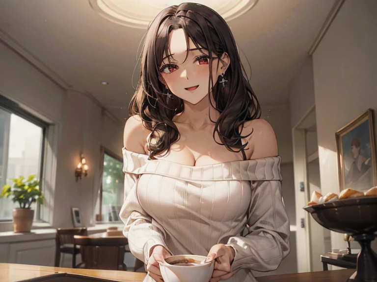  masterpiece, 1girl, Amazing Cleavage:1.3, thin waist, big ass, Raised sexy, medium breast:1.3,posed cleavage:1.2,solo, looking at viewer, open mouth, have a cup of coffee,black hair, red eyes, dress, bare shoulders, jewelry, collarbone, sidelocks, hairband, earrings, indoors, off shoulder, :o, sweater, arms behind back, plant, short hair with long locks, white hairband, off-shoulder dress, sweater dress, off-shoulder sweater, red sweater, big side hair, very long side hair,is rendered in (masterpiece: 1.2, best quality), with (ultra high resolution) and an exquisite (depth of field). This masterpiece is not only visually stunning but also tells, make of cooking some cakes ,in the kitchen,smile,seductive weak smiling,(with sparkling eyes and a contagious smile),open mouth, Looking at Viewer, 