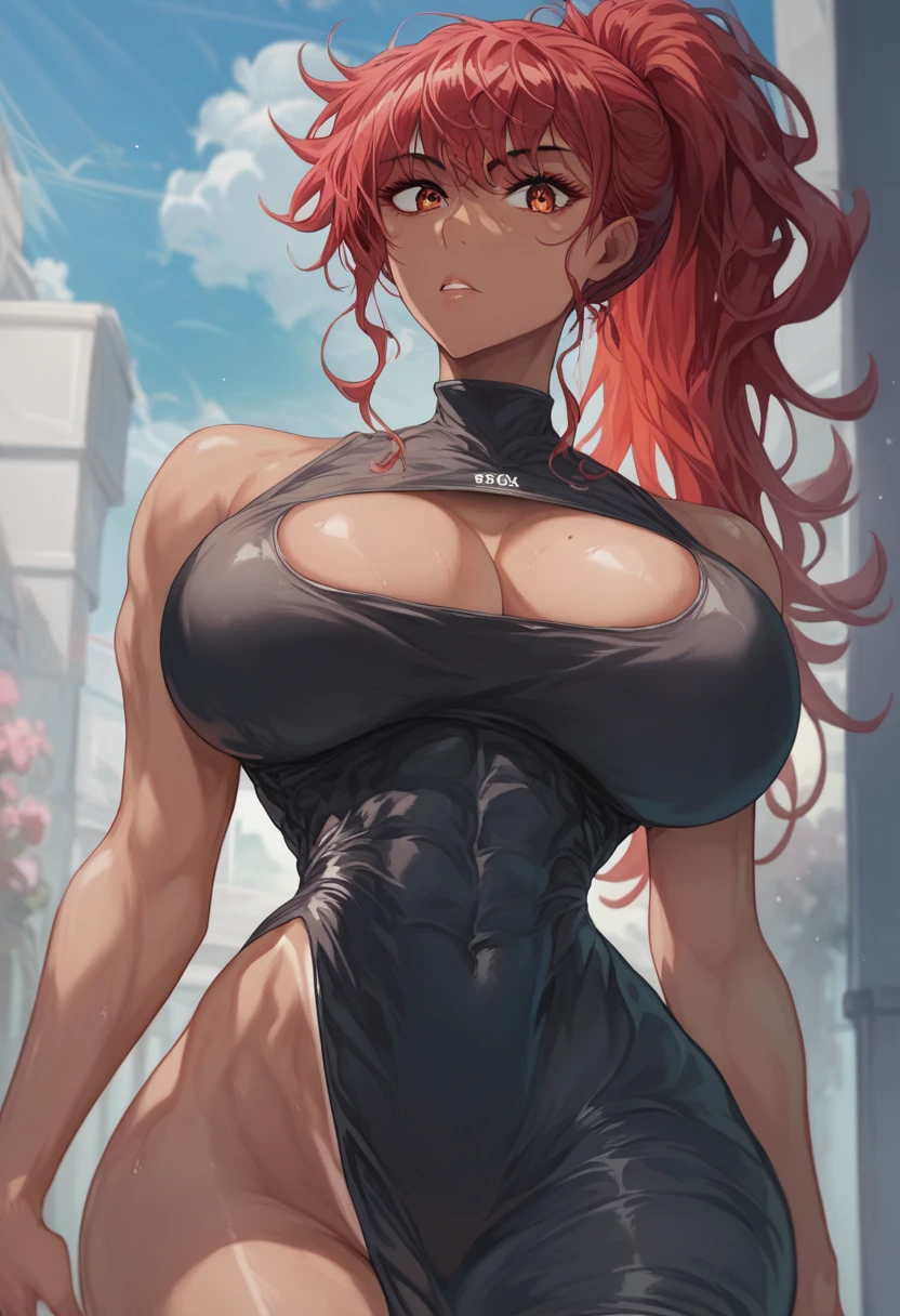 1girl, red hair, messy hair, bangs, ponytail, tanned skin, big breasts, fit body, hourglass figure, wide hips, black dongtan dress, dongtan dress, puripurijet